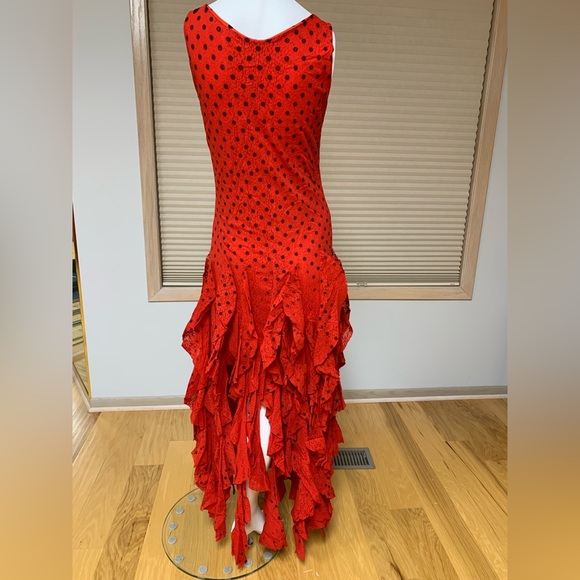 Size M Red with black polka dots tiered ruffles flamenco,salsa,tango party dress - Picture 2 of 9
